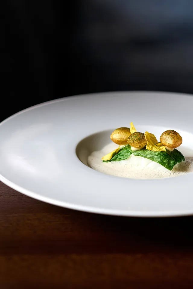 Gourmetgericht mit Schaum, Blattgemüse und goldenen Pilzen auf weißem Teller