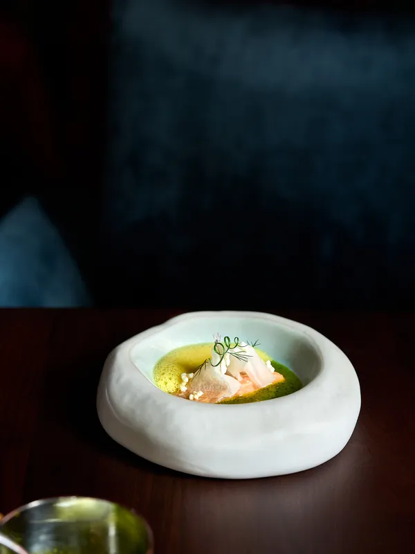 Gourmet salmon dish with foam sauce and garnishes in modern ceramic bowl