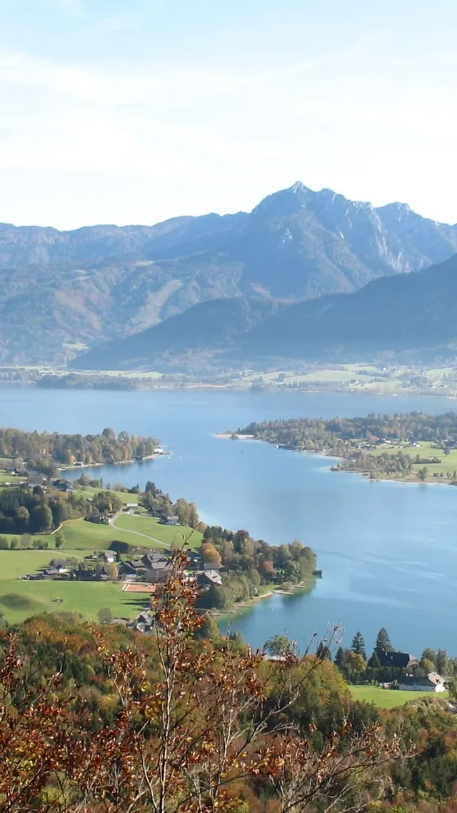 Aussicht auf den Wolfgangsee mit Alpenbergen und herbstlichem Wald in Österreich
