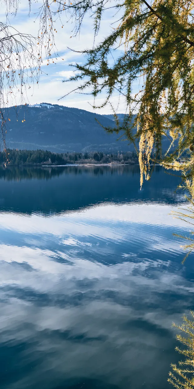 Herbstbäume an einem ruhigen See mit Spiegelung von Bergen und Himmel in natürlicher Landschaft