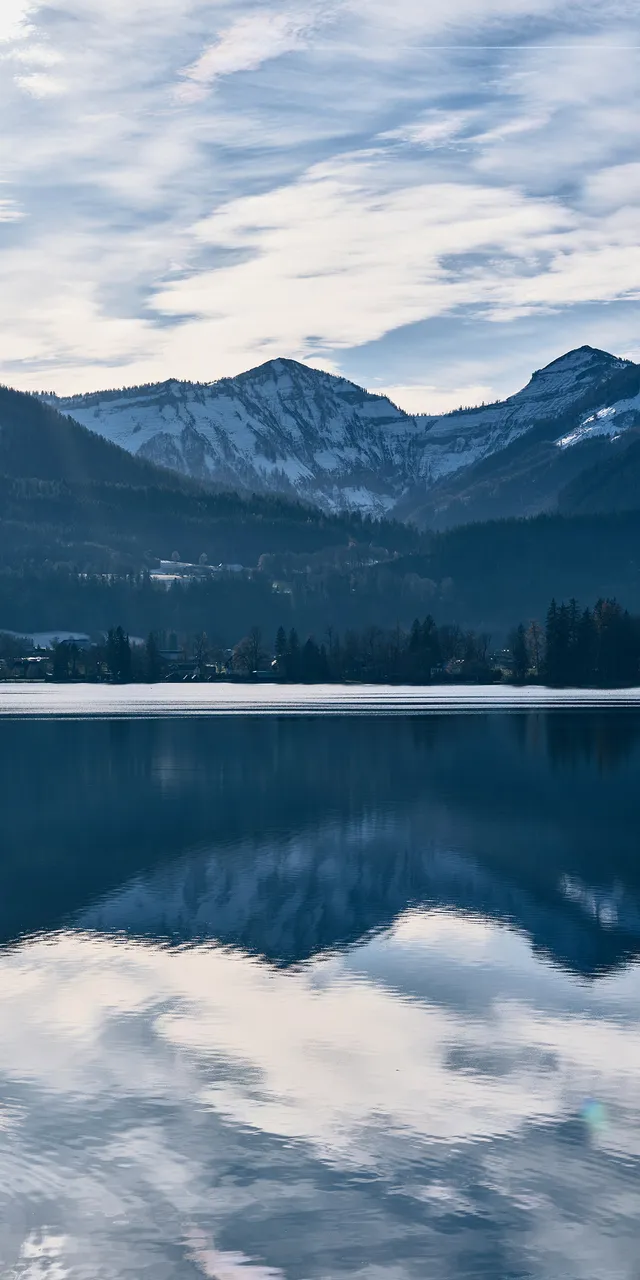Snow-capped mountains reflected in calm lake under a partly cloudy sky